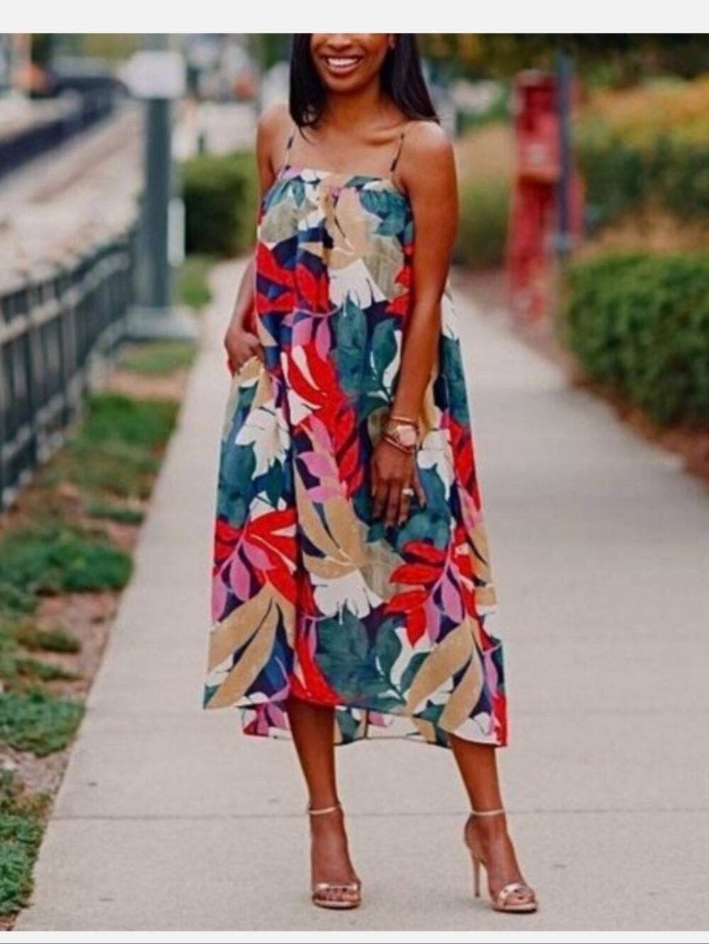 a new day Navy Tropical Leaf Midi Dress with Red, Green & Yellow Print